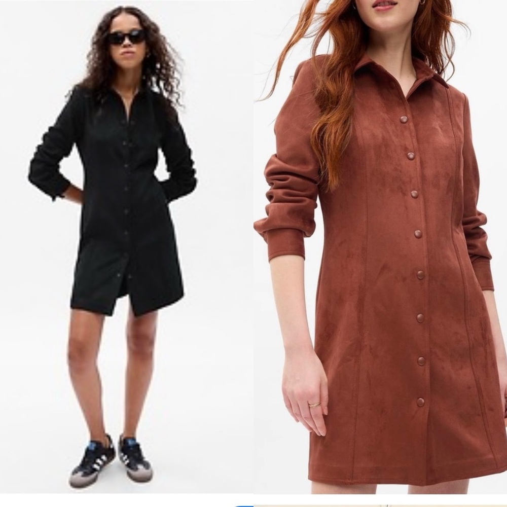 GAP Women’s Black Faux-Suede Snap Front Long Sleeve Mini Shirt Dress Size XSP